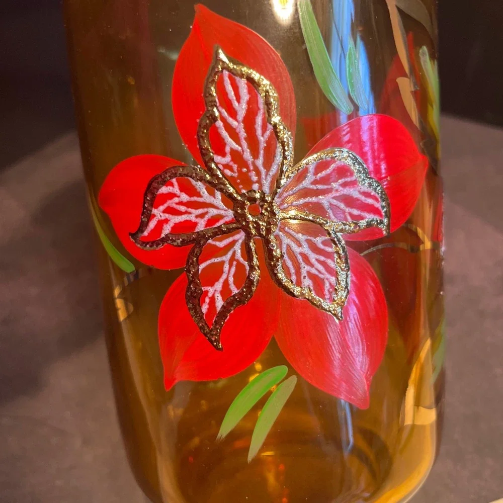 Amber Glass Red Flower‎ Decanter Green Leaf Glasses Vintage Barware Gold Trim